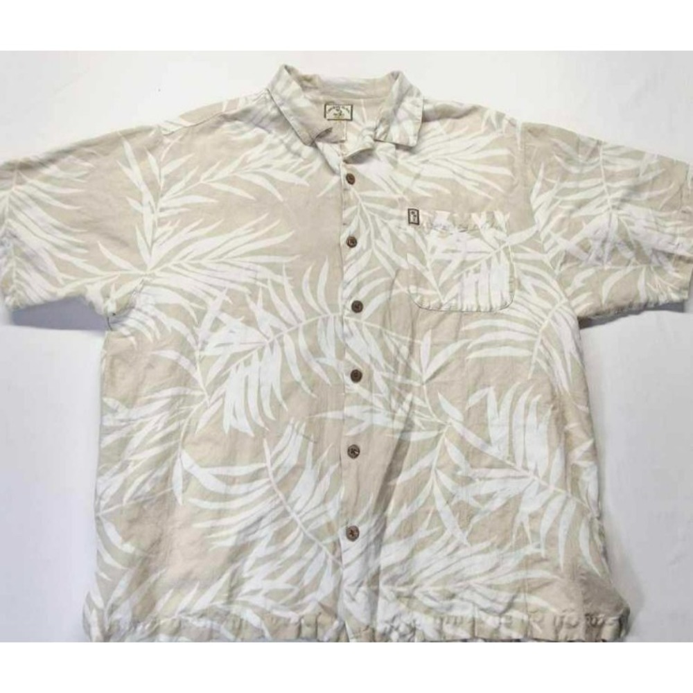 Original Island Sport men's tan/white floral print linen blend shirt sz.‎ Large